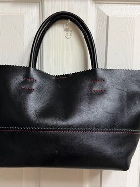 Black Leather Tote with Red Stitching